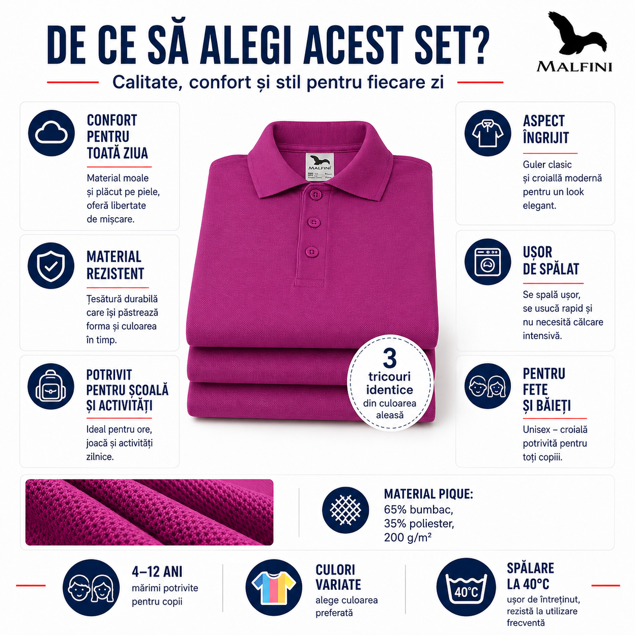 Set 3 tricouri Pique Polo cu guler pentru copii, confortabile, colorate și potrivite pentru școală